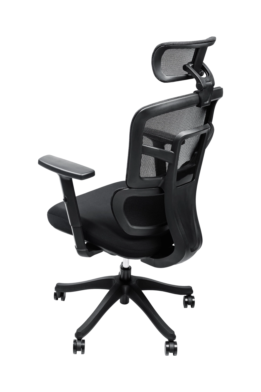 Lyon: CUSTÓ Lyon combină o tetieră 3D ajustabilă și cotiere reglabile, oferind suport precis în zona capului și a antebrațelor. Spătarul din plasă acrilică permite circulația aerului, în timp ce șezutul din spumă de densitate înaltă amortizează presiunea. Suportul lombar fix păstrează curba naturală a spatelui, favorizând o postură sănătoasă. Roțile din nailon se mișcă ușor pe podele dure, păstrând liniștea în birou. Designul all-black întărește ideea de profesionalism și se potrivește birourilor moderne.