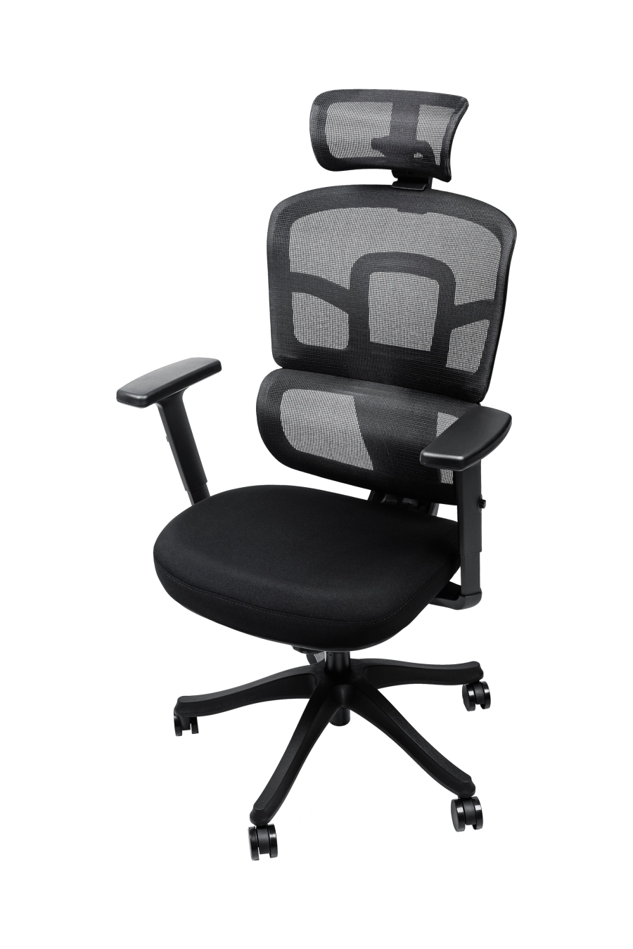 Lyon: CUSTÓ Lyon combină o tetieră 3D ajustabilă și cotiere reglabile, oferind suport precis în zona capului și a antebrațelor. Spătarul din plasă acrilică permite circulația aerului, în timp ce șezutul din spumă de densitate înaltă amortizează presiunea. Suportul lombar fix păstrează curba naturală a spatelui, favorizând o postură sănătoasă. Roțile din nailon se mișcă ușor pe podele dure, păstrând liniștea în birou. Designul all-black întărește ideea de profesionalism și se potrivește birourilor moderne.