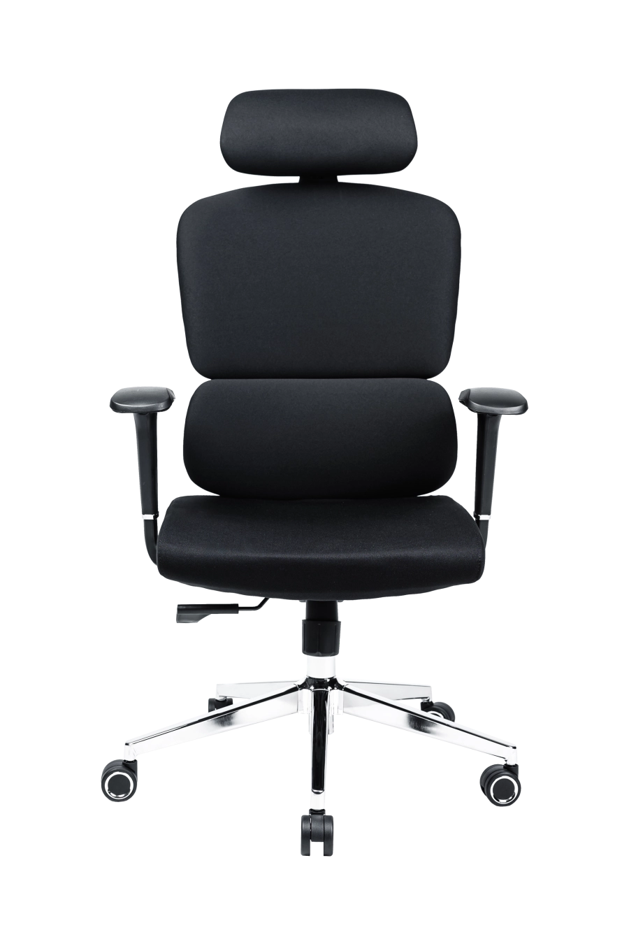 Praga: Pentru cei ce preferă confortul clasic, CUSTÓ Praga vine cu spătar și șezut tapițate integral cu textil, creând o suprafață moale, dar fermă. Spătarul se poate ajusta pe înălțime, adaptându-se diferitelor staturi. Tetiera 2D relaxează zona cervicală, iar cotierele fixe oferă sprijin constant. Roțile din plastic asigură mobilitate ușoară pe suprafețe dure, iar construcția rotativă permite acces rapid la spațiul de lucru din diferite unghiuri. Finisajul negru se integrează elegant în spații formale sau home-office.