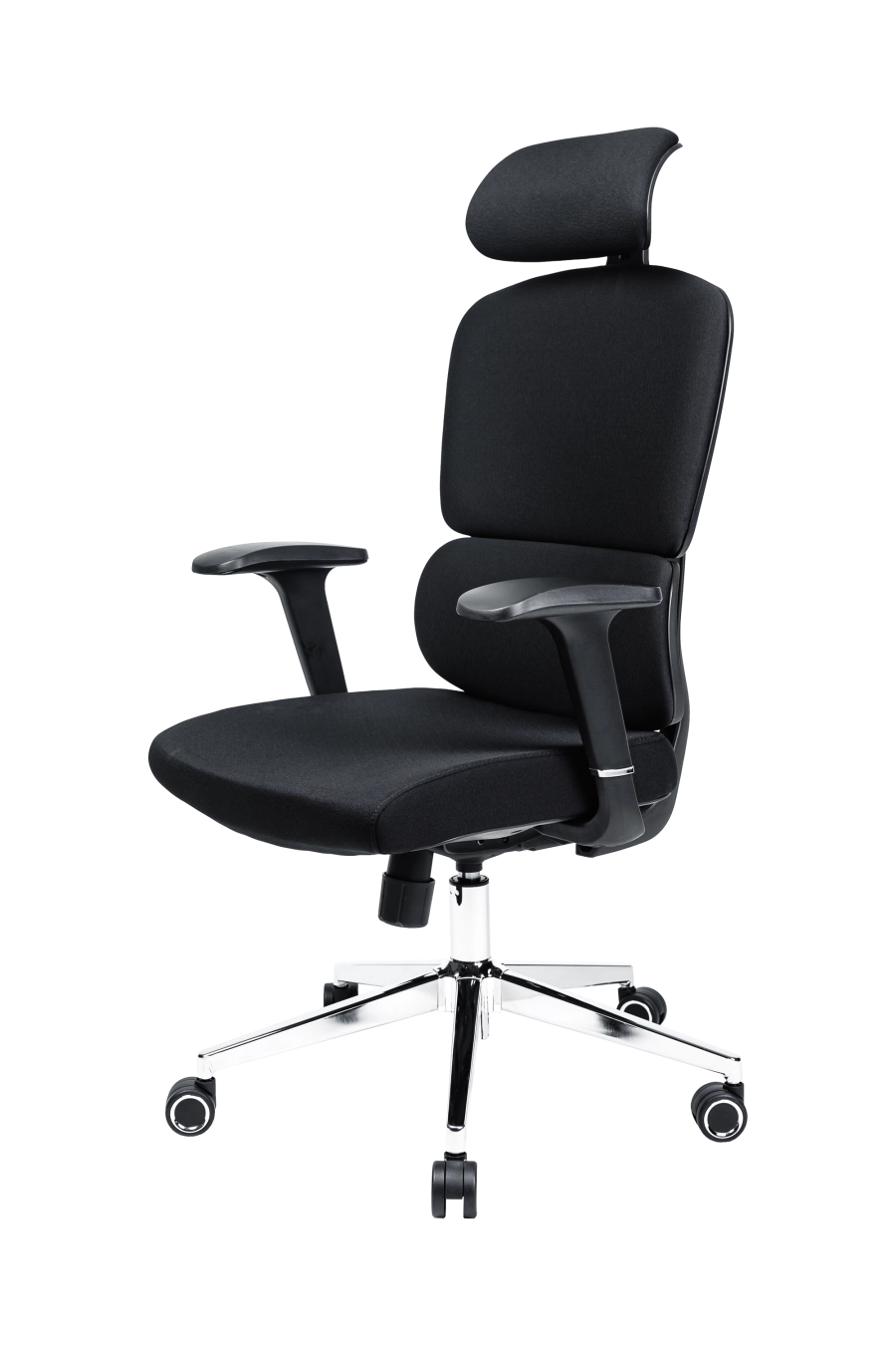 Praga: Pentru cei ce preferă confortul clasic, CUSTÓ Praga vine cu spătar și șezut tapițate integral cu textil, creând o suprafață moale, dar fermă. Spătarul se poate ajusta pe înălțime, adaptându-se diferitelor staturi. Tetiera 2D relaxează zona cervicală, iar cotierele fixe oferă sprijin constant. Roțile din plastic asigură mobilitate ușoară pe suprafețe dure, iar construcția rotativă permite acces rapid la spațiul de lucru din diferite unghiuri. Finisajul negru se integrează elegant în spații formale sau home-office.