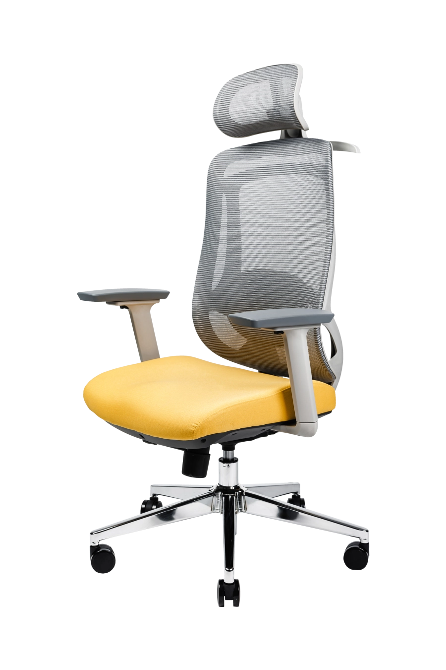 Florence: CUSTÓ Florence combină un spătar din plasă acrilică ventilată cu un șezut din spumă de densitate înaltă și mecanism de translație față/spate, astfel încât presiunea să fie distribuită uniform și proporțional, indiferent de constituția corpului. Suportul lombar ajustabil și tetiera 3D urmează curba coloanei și poziția capului, reducând oboseala. Cotierele 3D îți permit să reglezi înălțimea, adâncimea și rotația pentru tastare fără efort. Paleta gri-galben însuflețește spațiul de lucru, adăugând un accent modern. Mecanismul sincron menține spatele și șezutul în raport ergonomic 2:1, iar roțile din poliuretan rulează silențios. Perfect pentru spații de lucru creative, organizate pentru o productivitate înaltă a echipei.