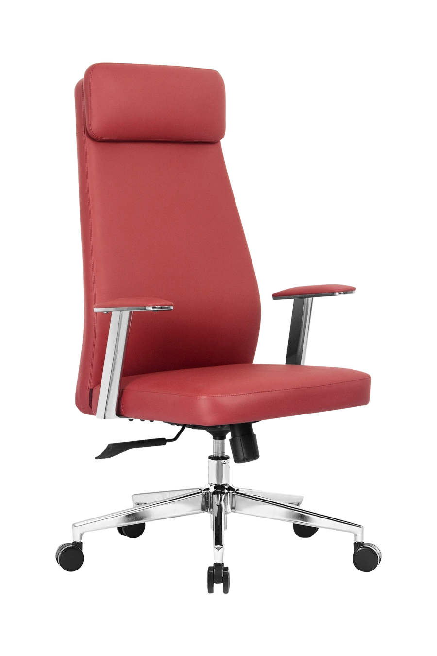 Malmo: CUSTÓ Malmo adaugă o notă vibrantă biroului tău cu versiunea roșie a modelului. Pielea artificială rezistentă la uzură se curăță rapid, menținând aspectul impecabil. Șezutul și spătarul ergonomice susțin coloana, iar brațele fixe reduc tensiunea la umeri. Mecanismul de înclinare permite pauze active care stimulează circulația. Roțile din poliuretan rulează silențios. Ideal pentru spațiile care vor să combine energia cromatică și confort profesional.
