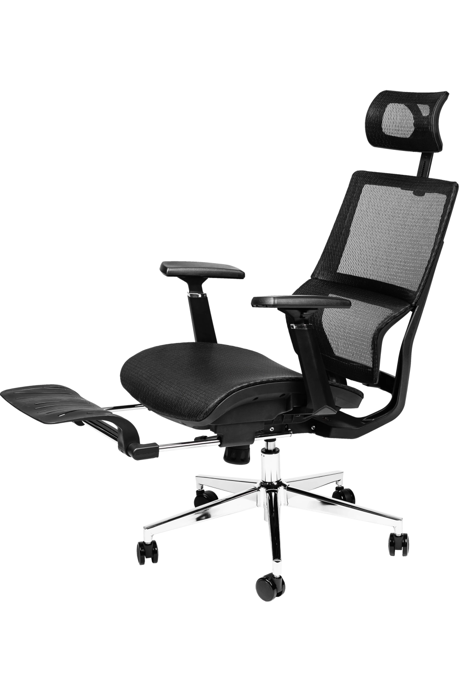 Bologna: Cu suport extensibil pentru picioare și reglaj de înălțime a spătarului, CUSTÓ Bologna transformă pauzele scurte în momente de relaxare reală. Șezutul din plasă elastomerică și spătarul din plasă acrilică asigură ventilație continuă. Suportul lombar reglabil și tetiera 2D se adaptează formei tale, iar brațele 3D pot fi ajustate în fiecare direcție. Șezutul glisant și mecanismul sincron mențin postura corectă în sarcini diverse. Roțile din plastic alunecă ușor, iar finisajul negru se potrivește spațiilor high-tech.