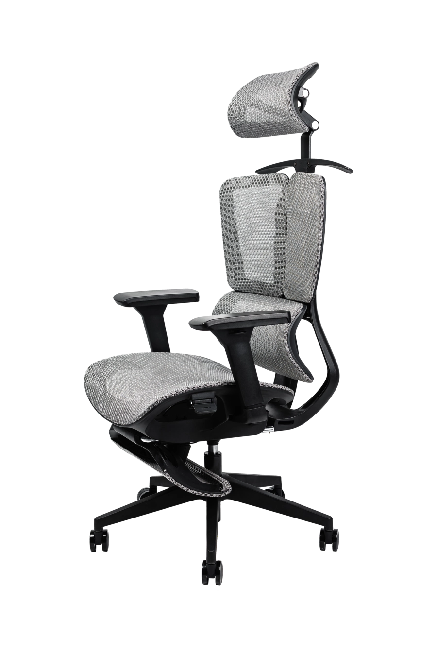 Split: CUSTÓ Split este echipat pentru versatilitate totală: plasă elastomerică ventilată, suport lombar reglabil, tetieră 3D și cotiere 3D pentru ajustare milimetrică. Reglarea pe înălțime a spătarului și șezutul glisant adaptă scaunul la orice statură. Suportul pentru picioare și umerașul integrat transformă spațiul într-o mini-zonă de relaxare fără a ieși din fluxul de lucru. Mecanismul sincron menține echilibrul ergonomic, iar roțile din poliuretan se mișcă lin pe pardoseală. Finisajul gri subtil se potrivește birourilor high-tech care favorizează soluții all-in-one.