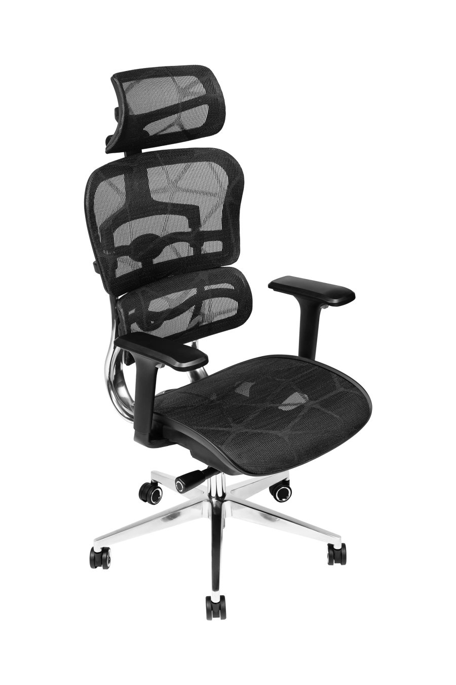 Torino: CUSTÓ Torino aduce ergonomie completă: spătar și șezut din plasă elastomerică pentru răcire constantă, spătar reglabil pe înălțime și șezut glisant pentru adâncime personalizată. Suportul lombar ajustabil reduce presiunea de pe coloană, iar tetiera 3D elimină tensiunea din zona cervicală. Cotierele 3D se adaptează tastării, prezentărilor și momentelor de relaxare. Mecanismul sincron urmărește mișcările naturale ale corpului, menținând postura corectă. Roțile din poliuretan alunecă silențios, protejând pardoseala. Finisajul negru sobru se potrivește oricărui decor corporativ.