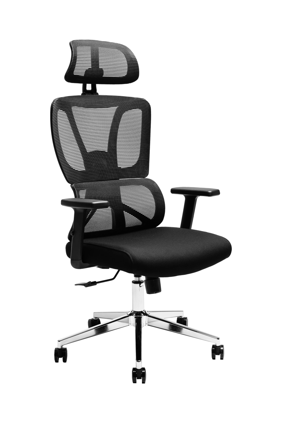 Cordoba: CUSTÓ Cordoba combină eleganţa minimalistă cu ergonomia avansată: şezutul tapitat din stofă conferă confort imediat, iar spătarul din plasă elastomerică asigură o ventilaţie eficientă pe durata întregii zile de lucru. Tetiera reglabilă 3D îţi permite ajustări fine în înălţime, adâncime şi unghi, pentru o susţinere optimă a capului şi gâtului. Suportul lombar fix menţine postura corectă fără efort suplimentar. Cotierele ajustabile pe înălţime se pliază pe nevoile tale — fie în intervale de concentrare, fie în momente de relaxare la birou. Mecanismul sincron cu blocare într-o poziţie şi baza stelată din oţel cromat, împreună cu rolele din poliuretan, garantează mobilitate lină şi stabilitate solidă pe diferite tipuri de suprafeţe. Negrul predominant conferă o eleganţă sobru-executivă, ideală pentru spaţii de birou unde profesionalismul contează.