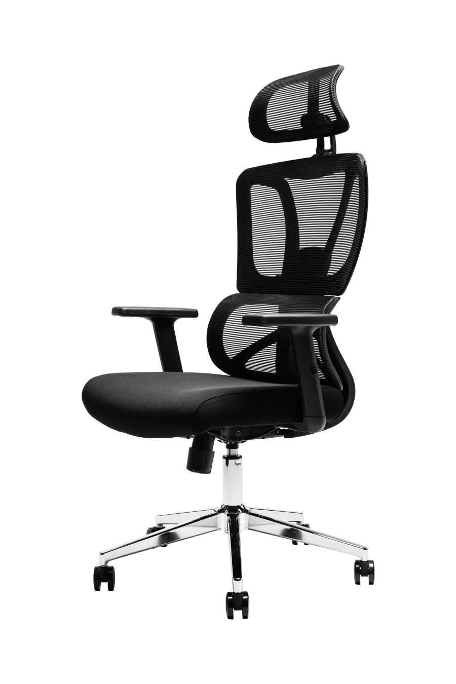 Cordoba: CUSTÓ Cordoba combină eleganţa minimalistă cu ergonomia avansată: şezutul tapitat din stofă conferă confort imediat, iar spătarul din plasă elastomerică asigură o ventilaţie eficientă pe durata întregii zile de lucru. Tetiera reglabilă 3D îţi permite ajustări fine în înălţime, adâncime şi unghi, pentru o susţinere optimă a capului şi gâtului. Suportul lombar fix menţine postura corectă fără efort suplimentar. Cotierele ajustabile pe înălţime se pliază pe nevoile tale — fie în intervale de concentrare, fie în momente de relaxare la birou. Mecanismul sincron cu blocare într-o poziţie şi baza stelată din oţel cromat, împreună cu rolele din poliuretan, garantează mobilitate lină şi stabilitate solidă pe diferite tipuri de suprafeţe. Negrul predominant conferă o eleganţă sobru-executivă, ideală pentru spaţii de birou unde profesionalismul contează.